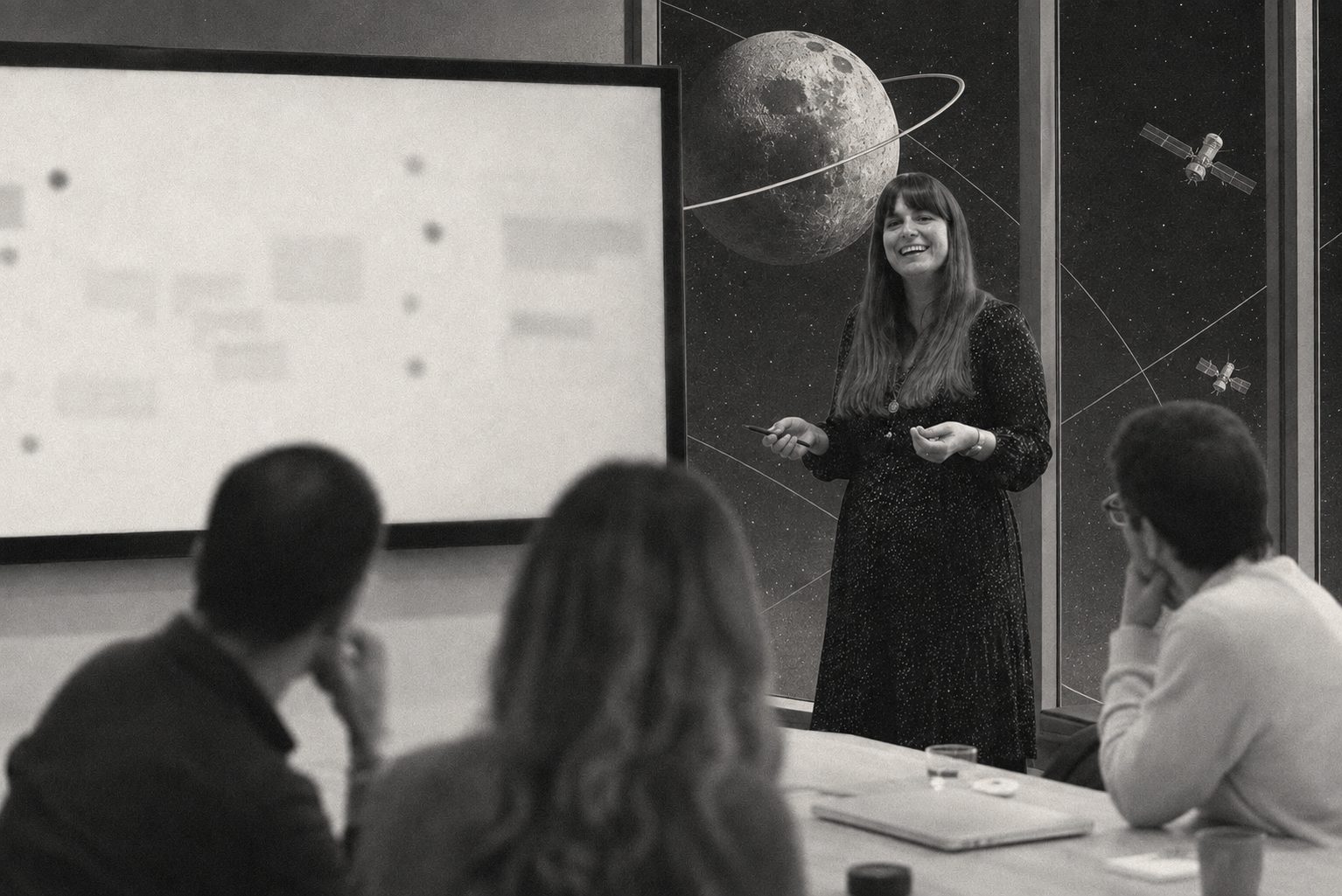 Camille anime un atelier devant trois participants ; derrière elle, la baie ouvre sur un collage spatial — lune cerclée d'un anneau et satellites
