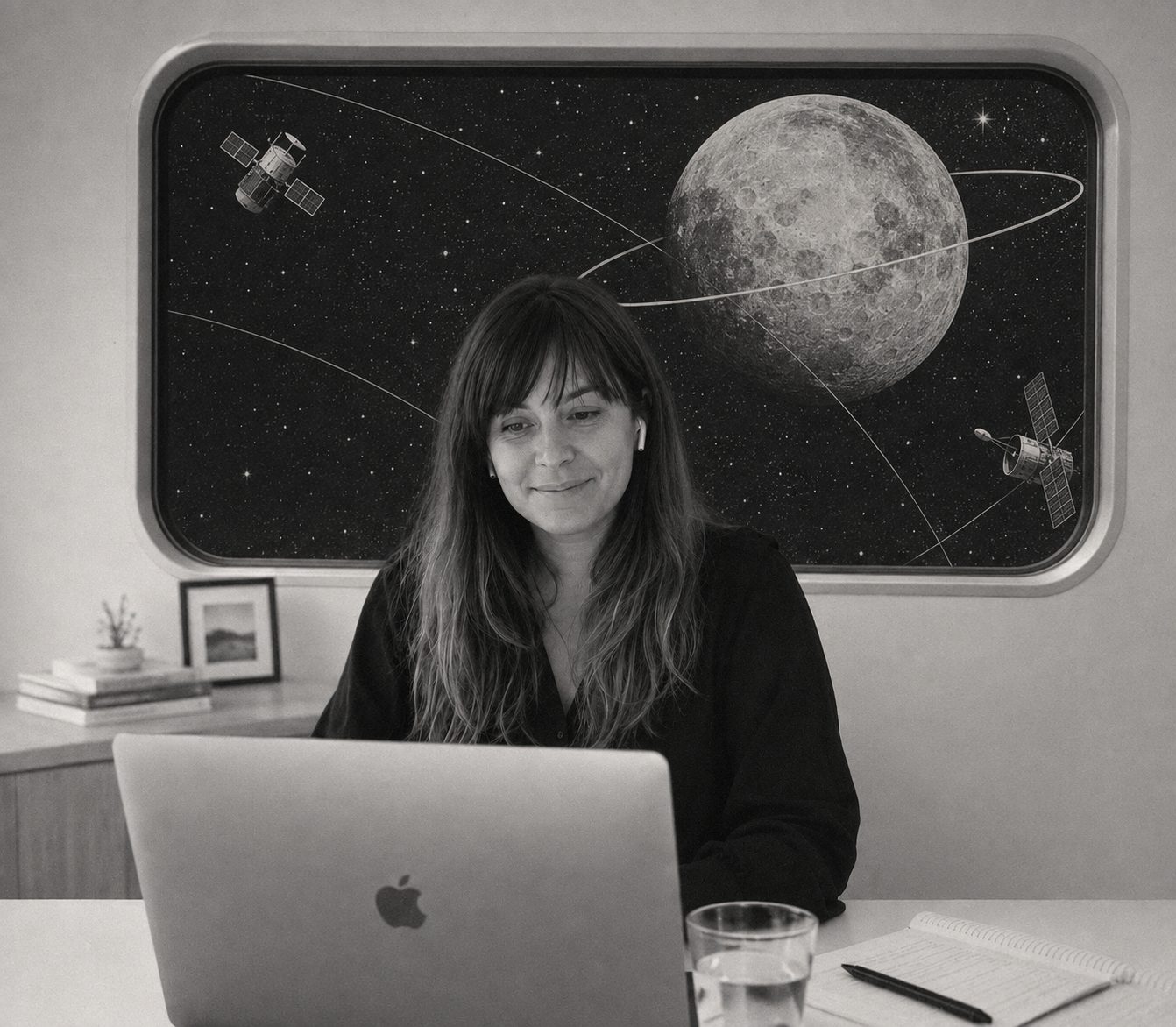 Camille en visioconférence devant son ordinateur ; au mur, un hublot ouvre sur un collage spatial — lune cerclée d'un anneau et satellites